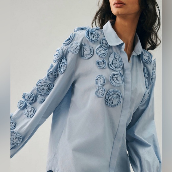 Anthropologie Tops - Anthropologie Light Blue Rosette Button Down Shirt